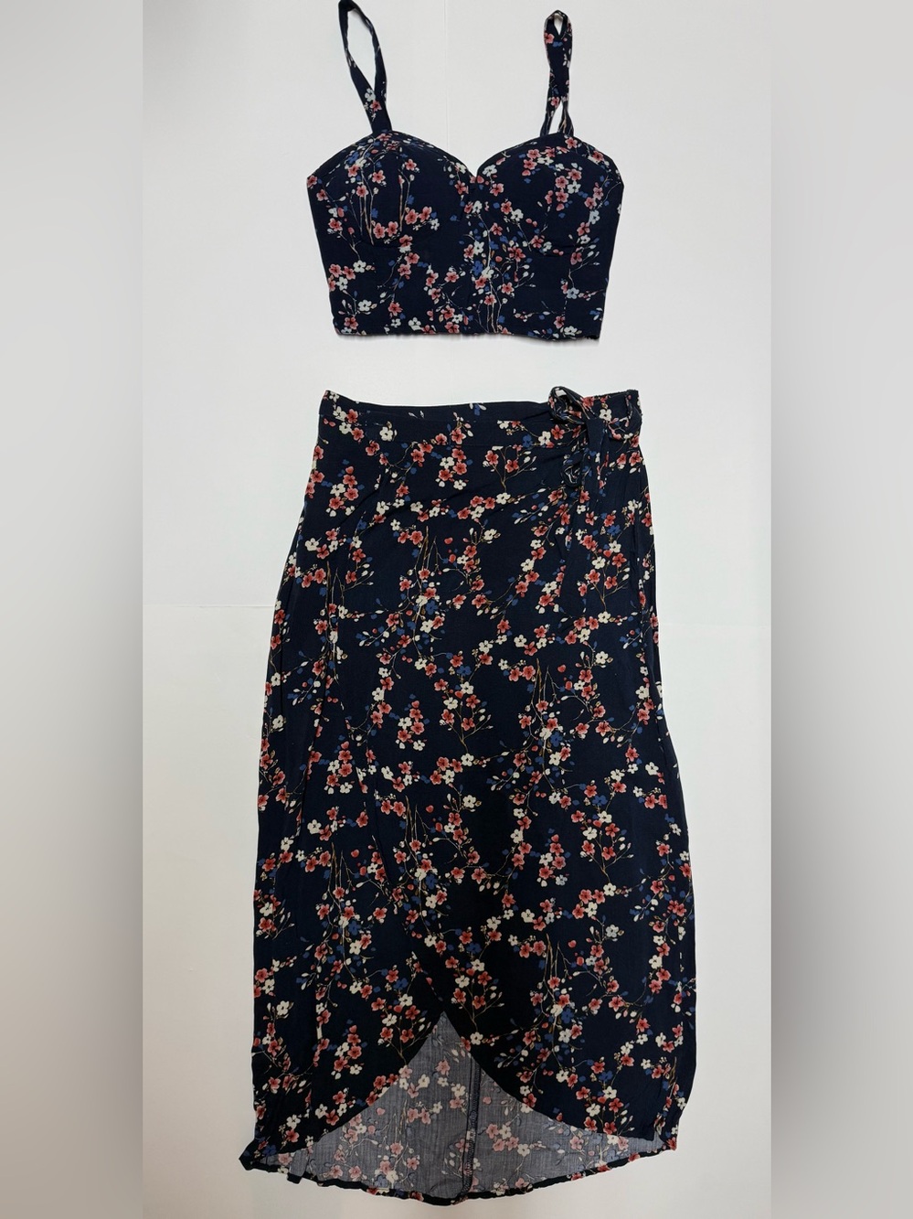 Women’s Navy Floral Tie-Waist Skirt and Crop Top Set